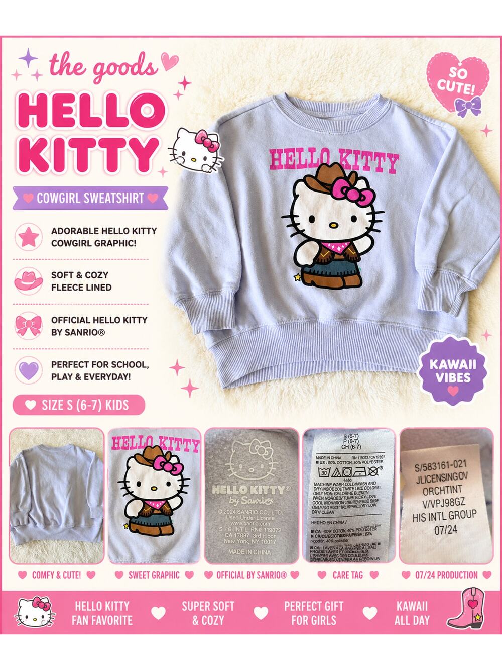 Hello Kitty Sanrio Cowgirl Sweatshirt Kids Small 6 7 Western Pink Graphic